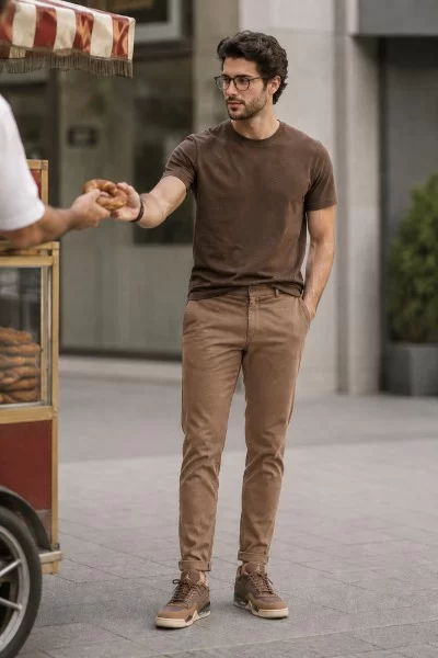 koyu kahve tişört ve açık kahve pantolonla ton sür ton kombin