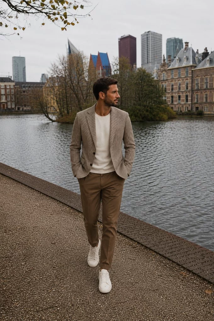 kahve bej kareli blazer ceket kombini